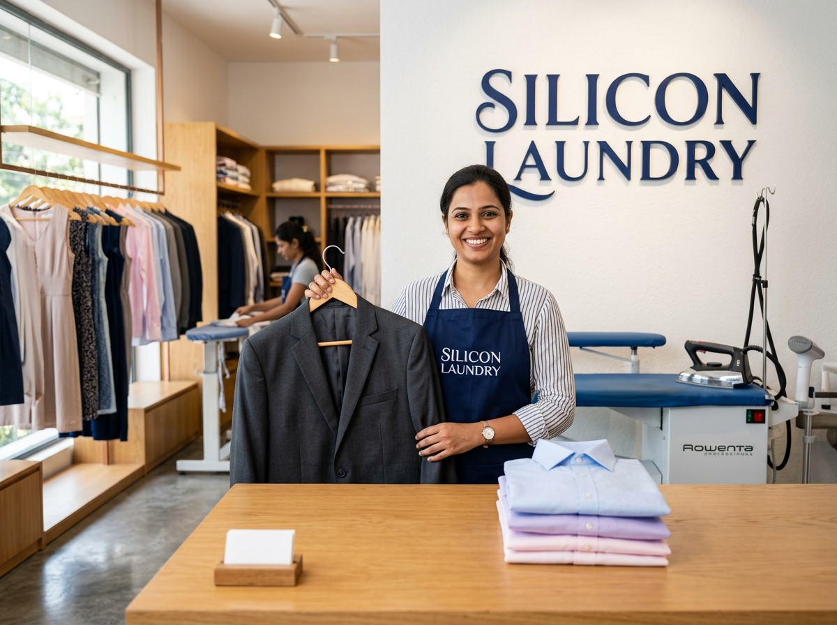 Silicon Laundry professional garment care specialist presenting pressed garments