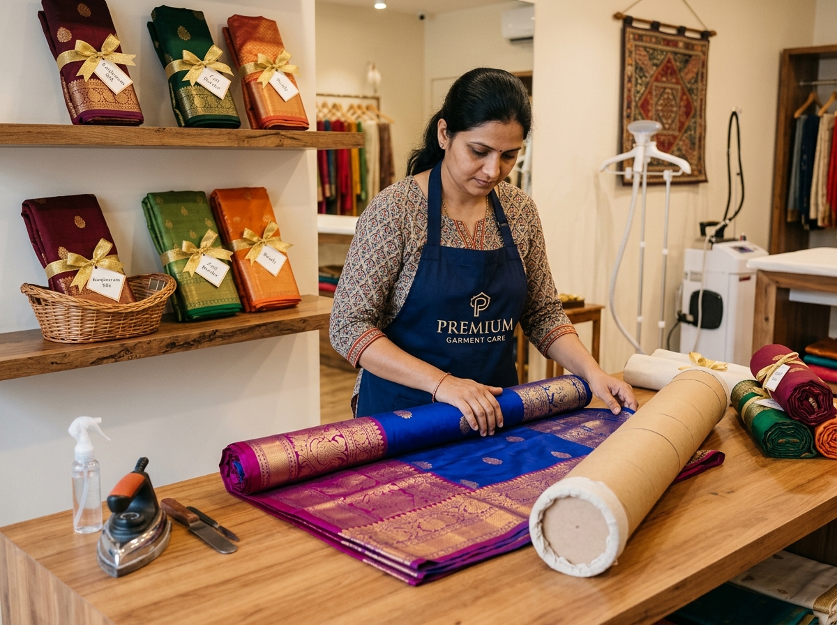 Professional saree rolling and pressing for silk sarees